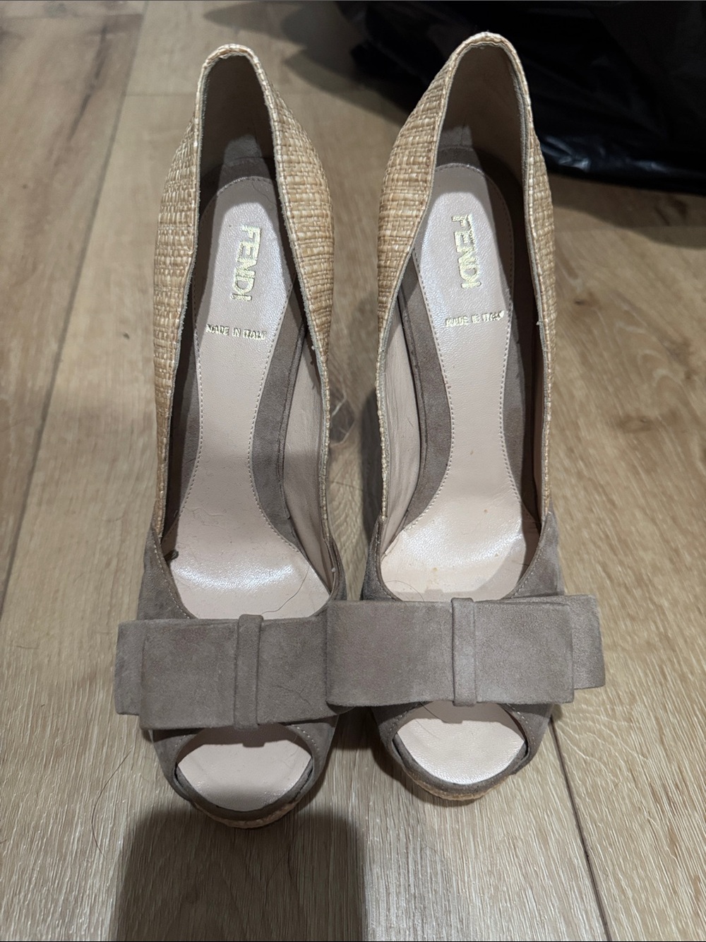 Fendi Taupe Suede Peep-Toe Bow Pumps